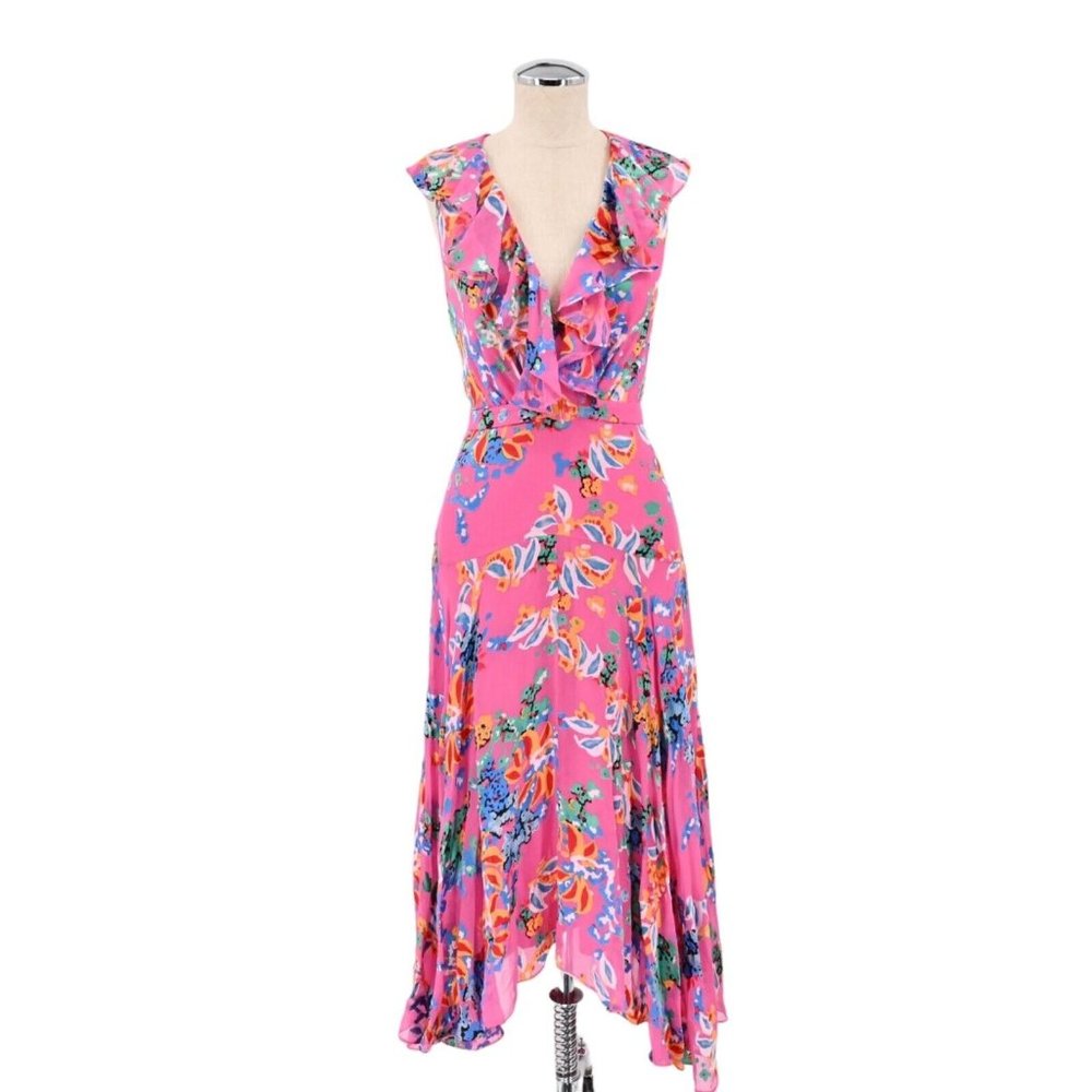 SALONI Womens Pink Floral Print Rita Silk Ruffle Flutter Midi Dress Size 8